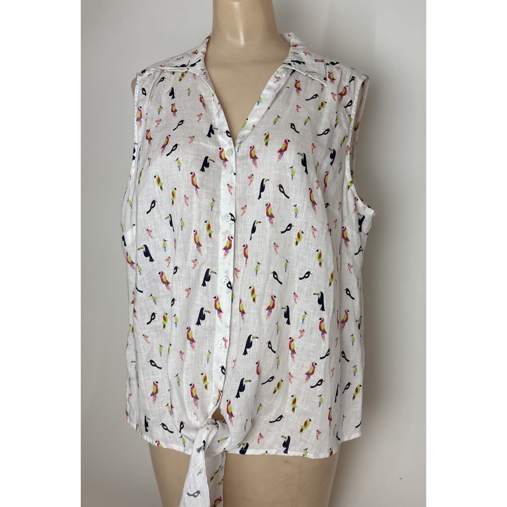 TALBOTS Top XL Parrot Bird Tie Front Button Front Blouse Sleeveless Linen White